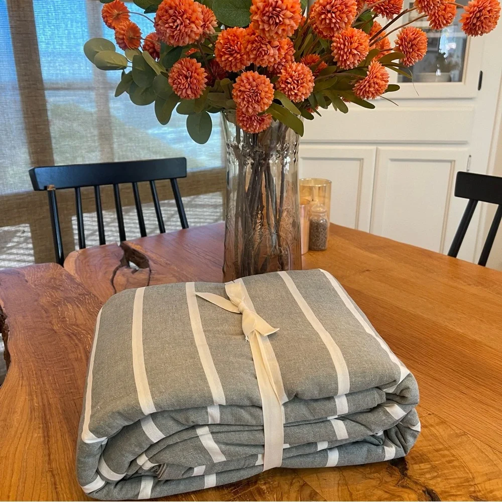 NEW West Elm Boho Green Stripe Queen / King Cotton Linen Bedding Duvet Sham Set